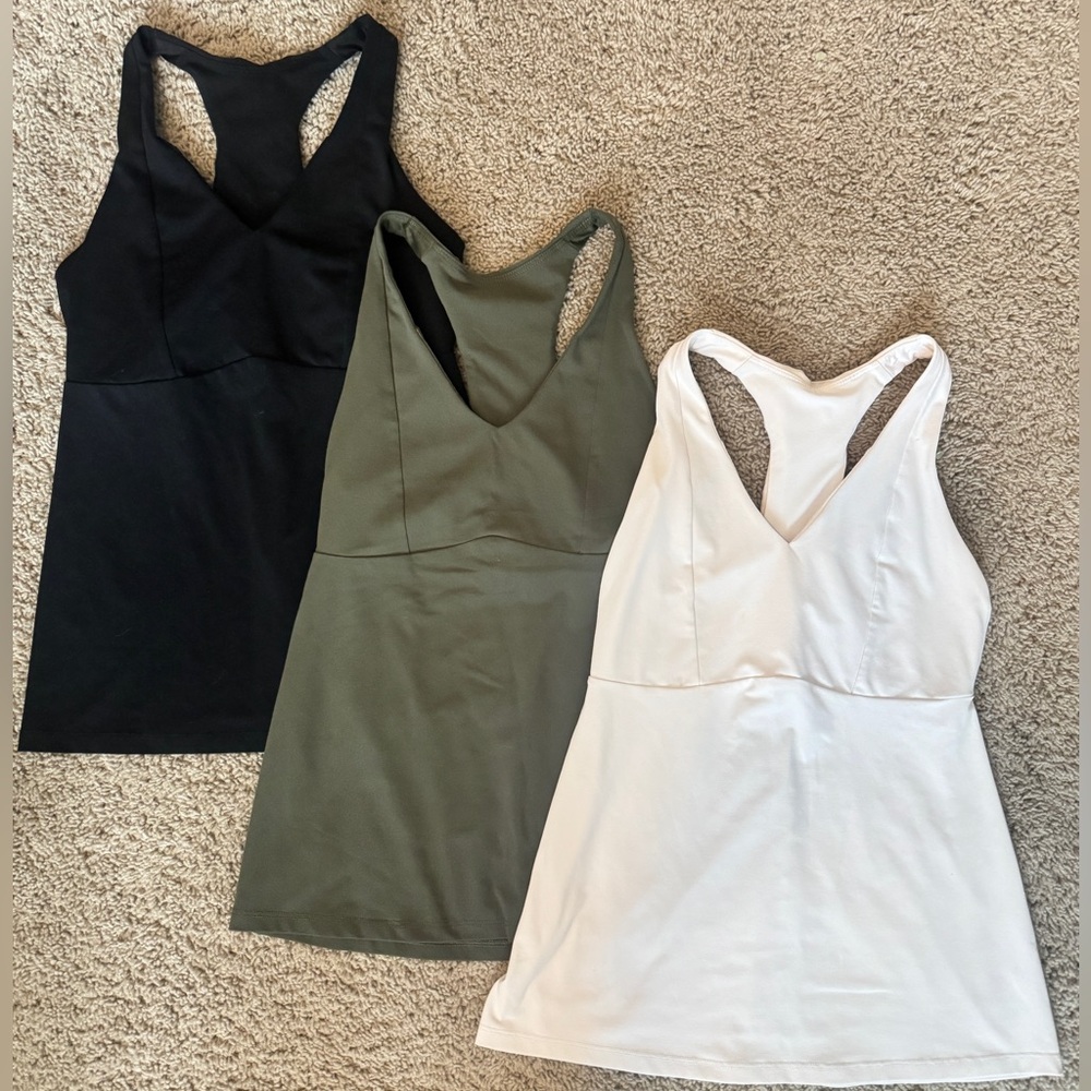 Fabletics Set of 3 Built-In Bra Racerback Tanks - Black, Olive & White XS/S